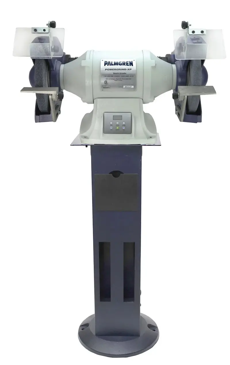 10-Inch Variable-Speed Bench Grinder Mounted on Heavy-Duty Pedestal Stand