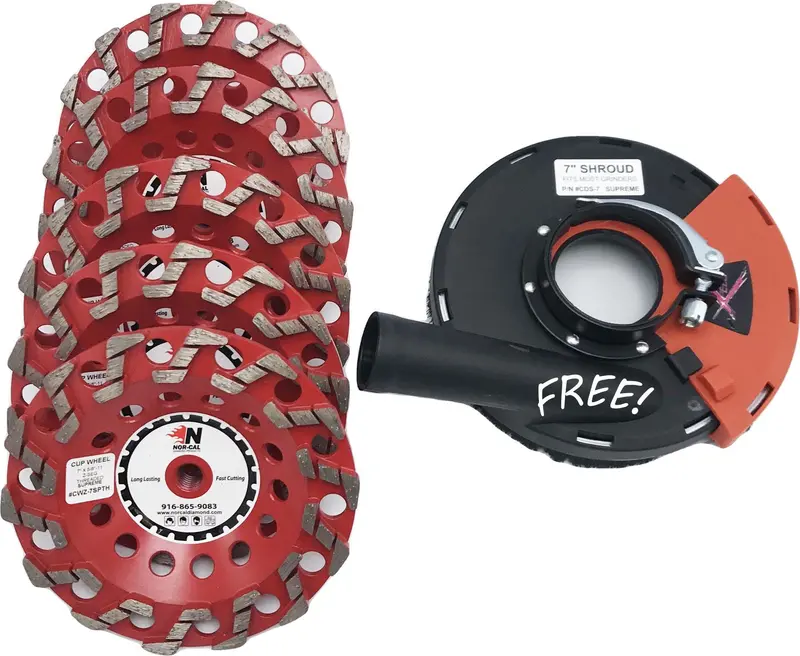 5-Pack Diamond Cup Wheels with Free 7″ Dust Shroud (Z-Seg/S-Seg Supreme)