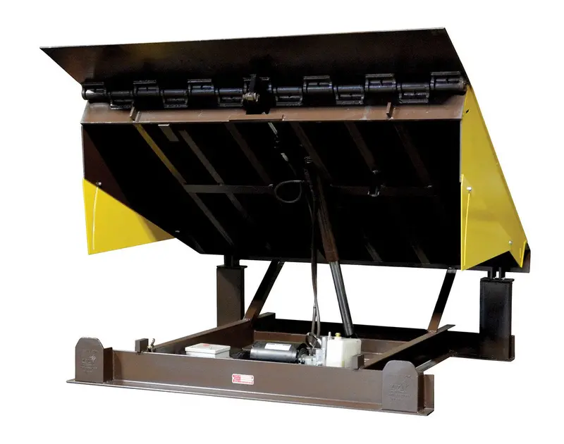 Electric Hydraulic Dock Leveler – 72 in W × 62 in L × 23.5 in D Pit, 50,000 lb Capacity (Brown/Yellow)