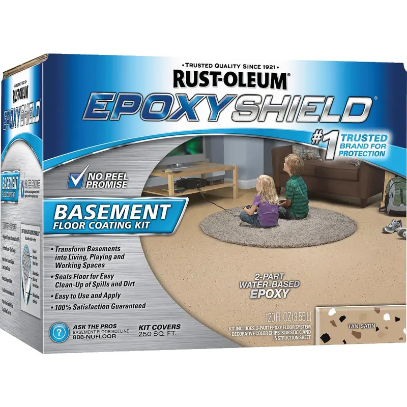 Rust-Oleum Epoxyshield Basement Floor Coating Kit – Tan, 120-Ounce Satin Finish For Concrete 1